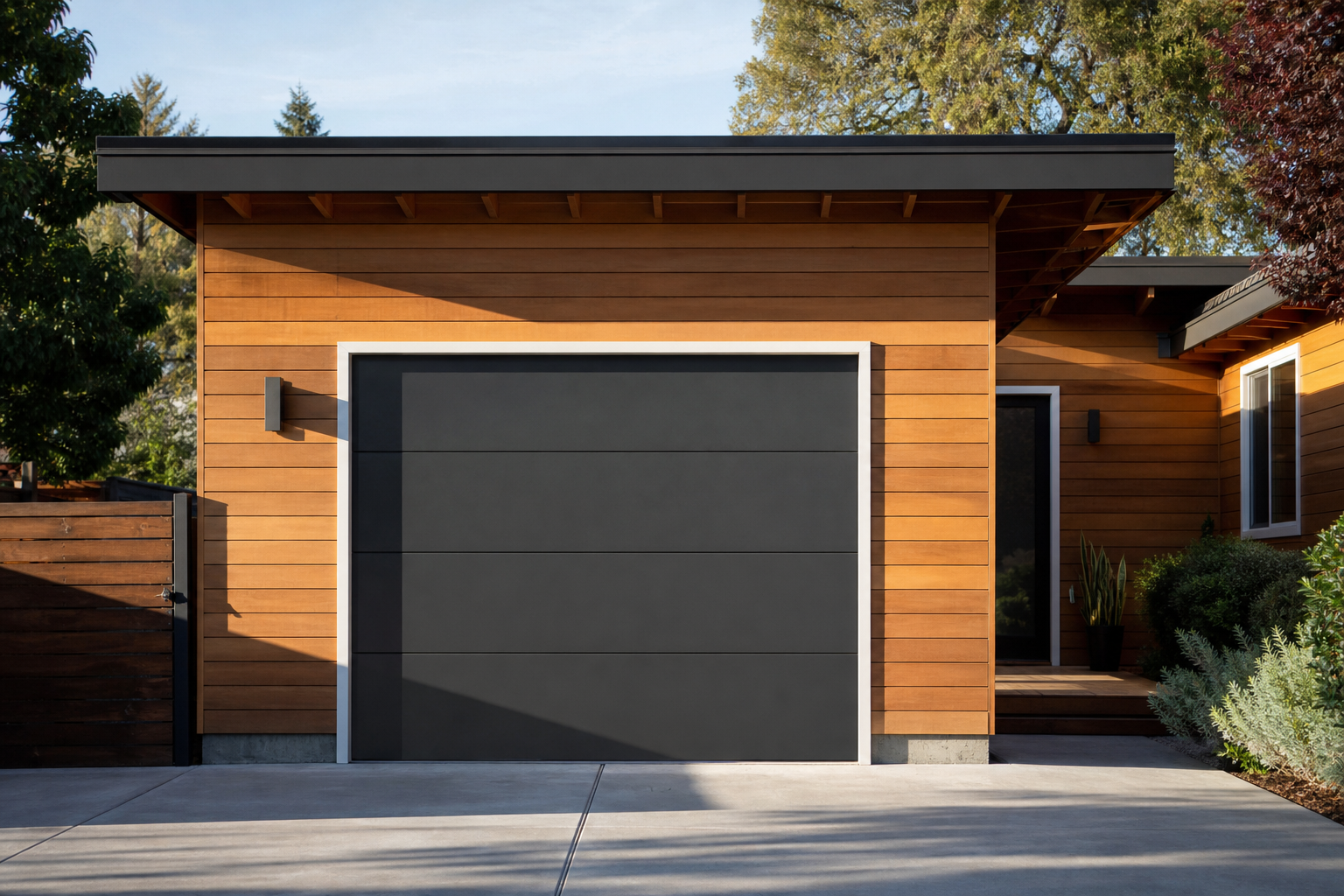 Mid-century modern cedar home with narrow white fiber cement trim around charcoal gray garage door