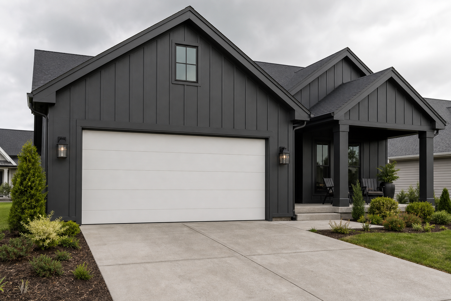 Dark farmhouse exterior with tone-on-tone gray composite trim around white garage door