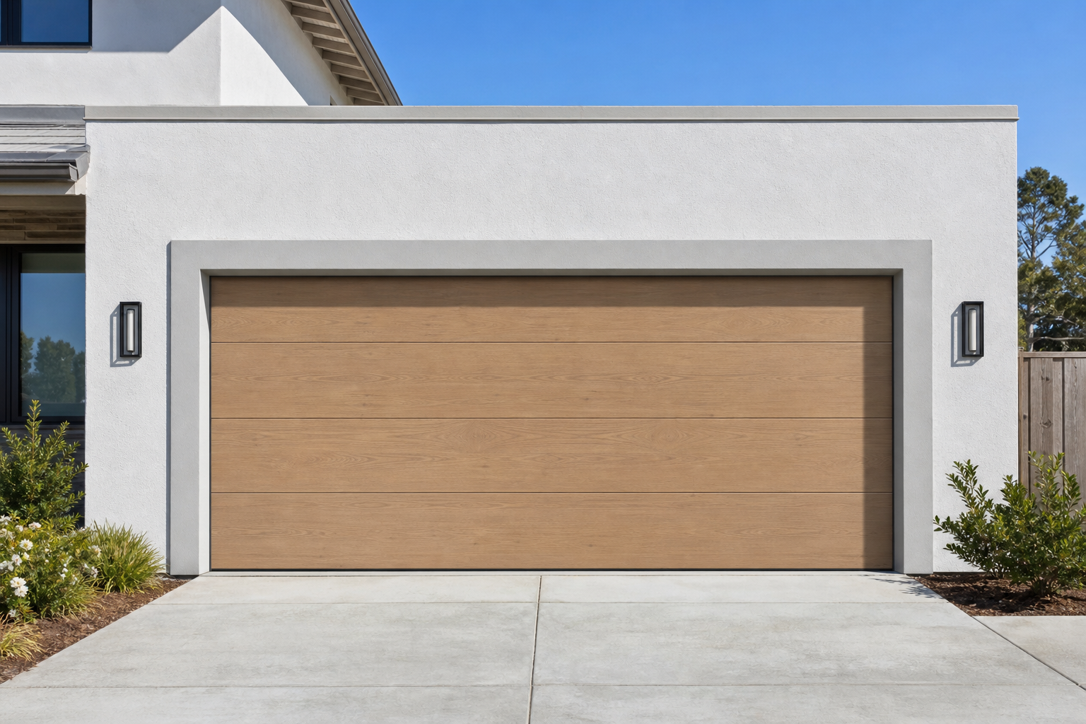 Contemporary stucco home with projected stucco band reveal framing wood-grain aluminum garage door