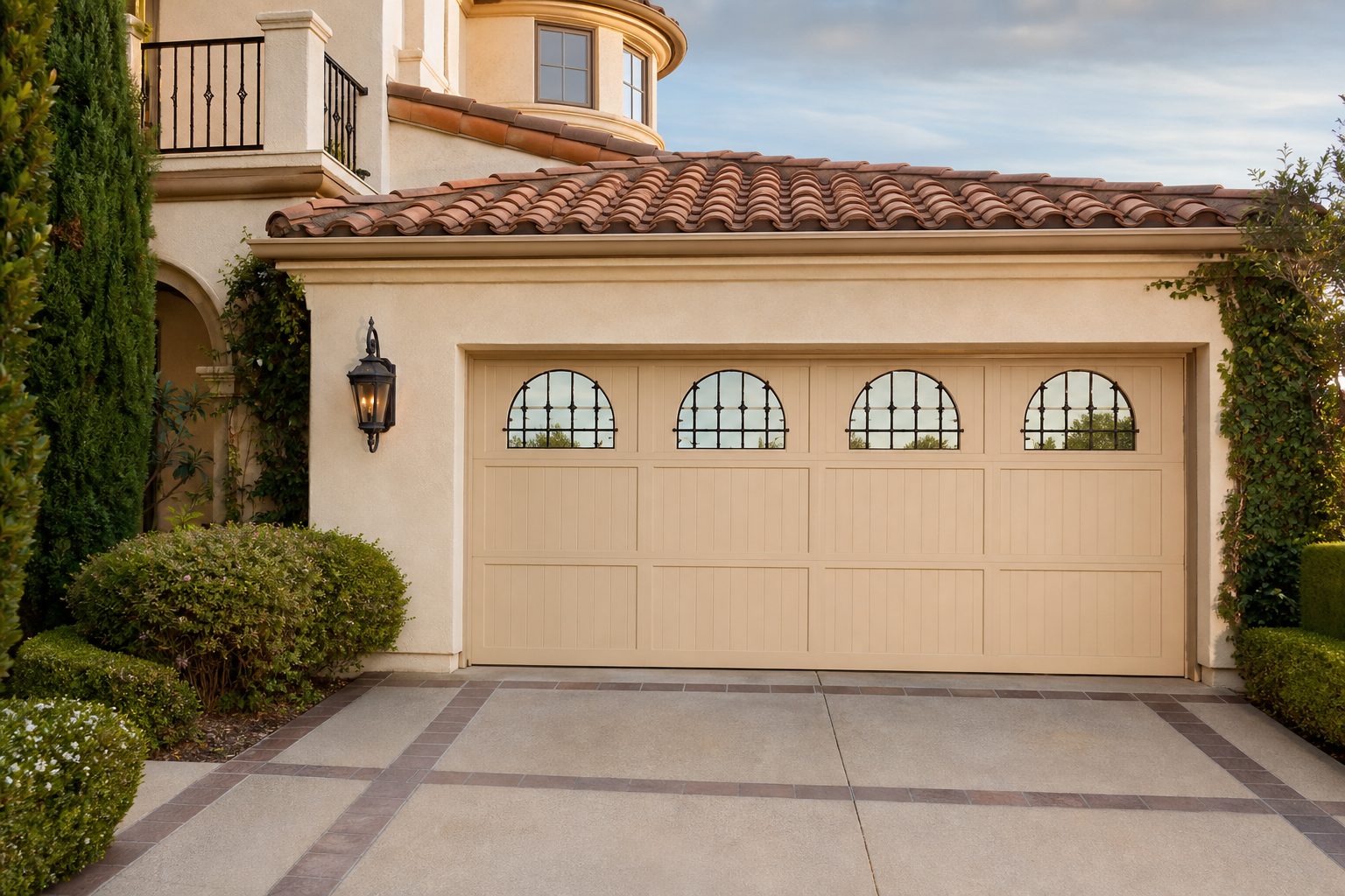 Mediterranean stucco home with two-car garage door featuring arched top windows with iron grilles