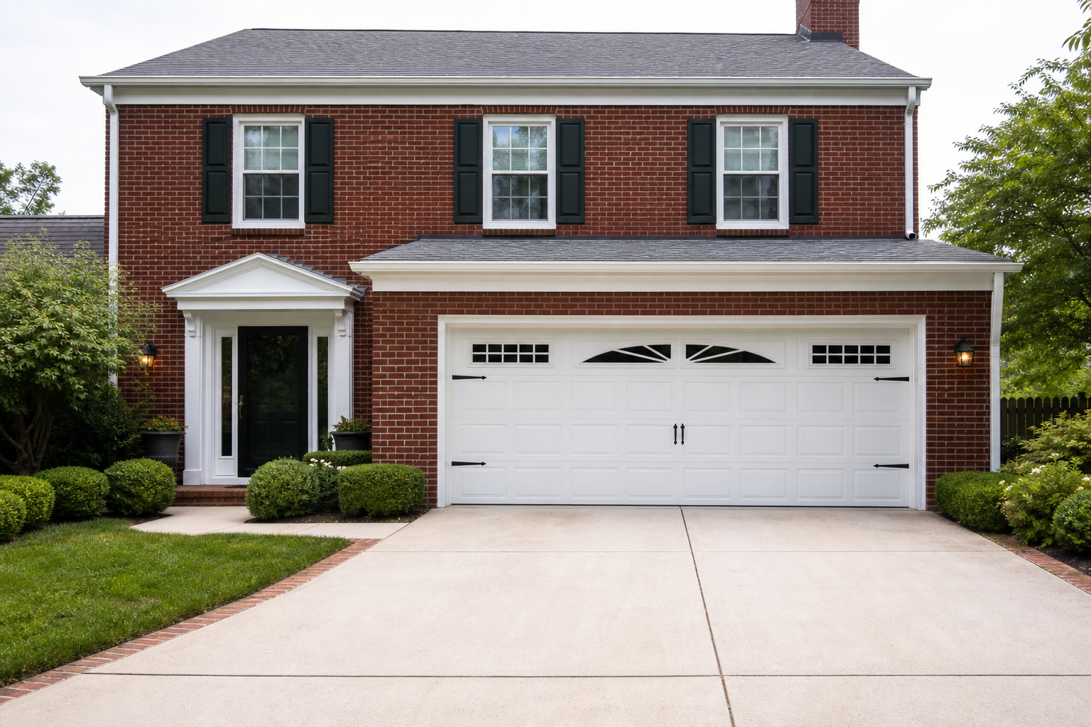 Brick colonial home garage door with fan-shaped center window and flanking rectangular windows