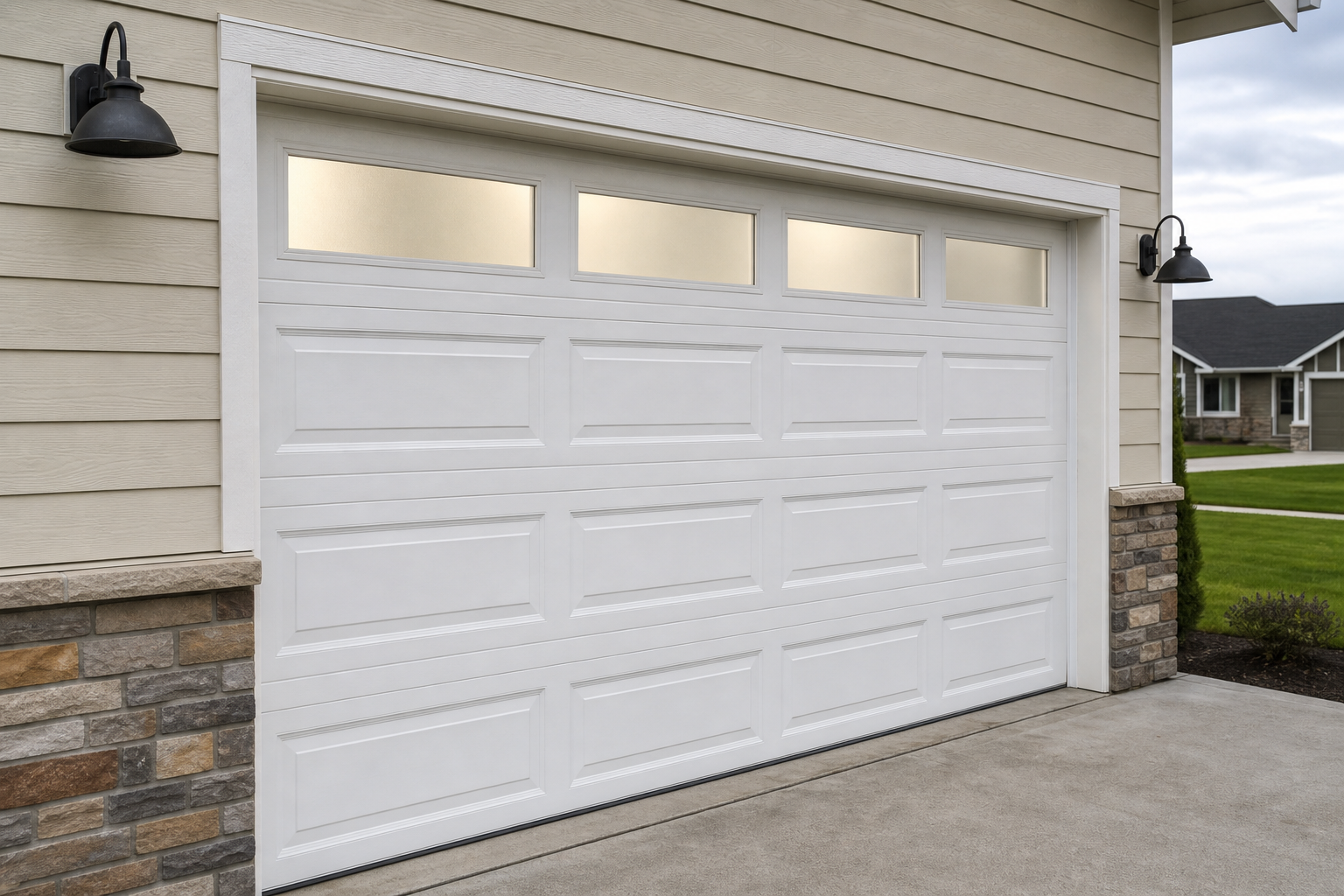 White raised-panel garage door with four frosted glass rectangular windows across the top
