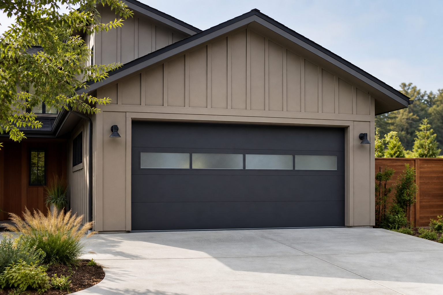 Charcoal gray modern garage door with two rows of narrow frosted glass strip windows