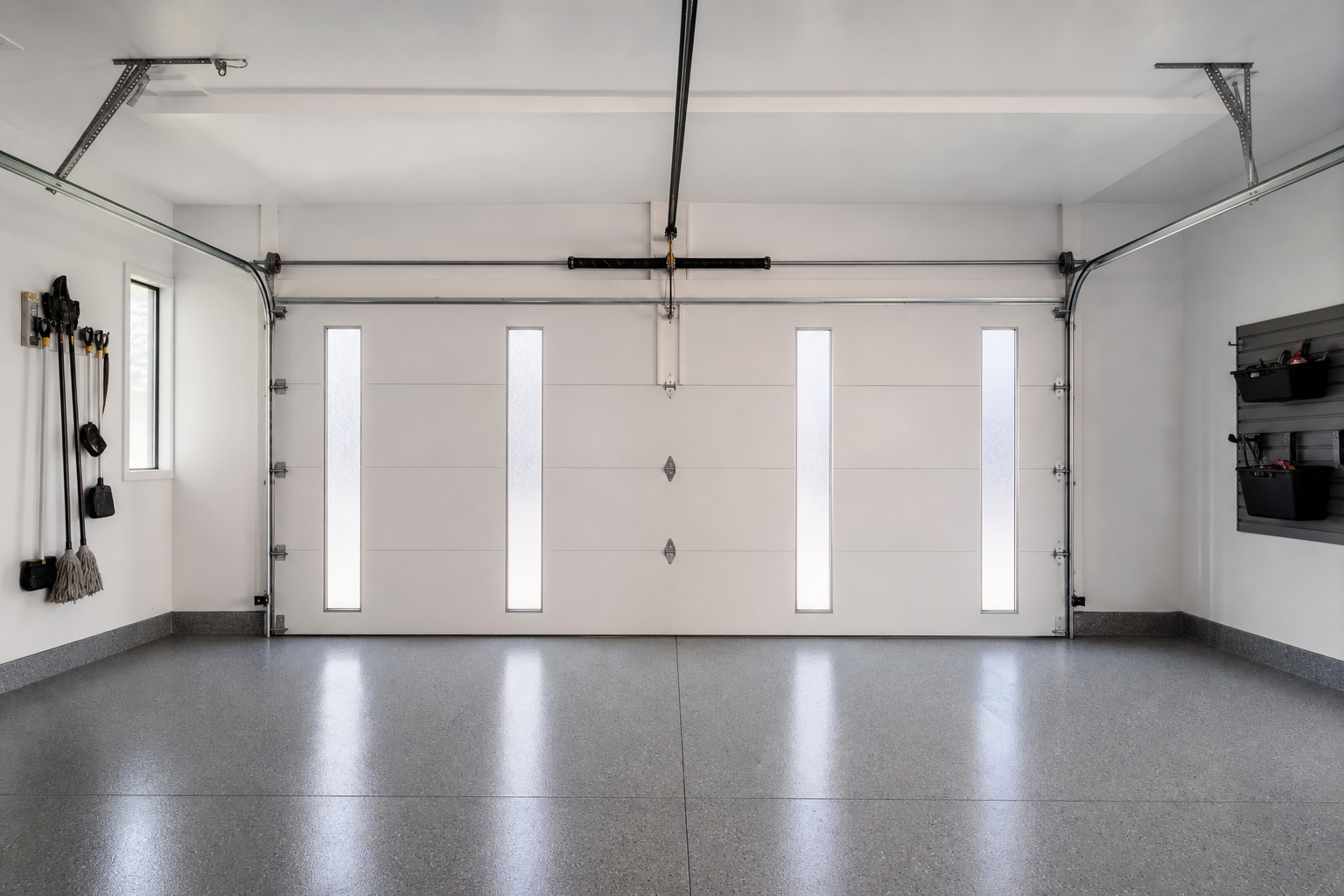 Interior view of garage with tall vertical frosted glass panels diffusing soft daylight inside
