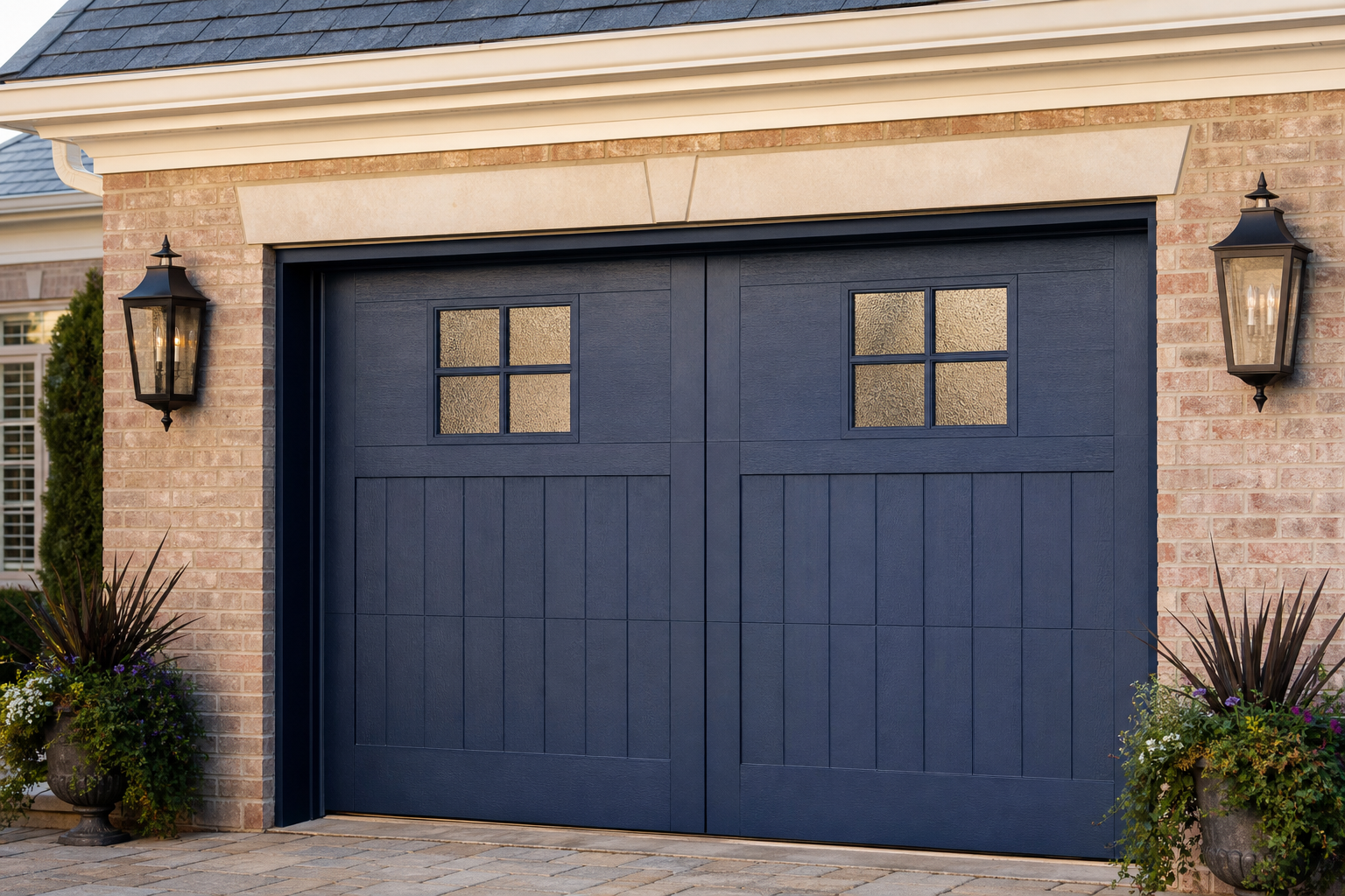 Navy blue carriage-style garage door with hammered frosted glass inserts in a grid pattern