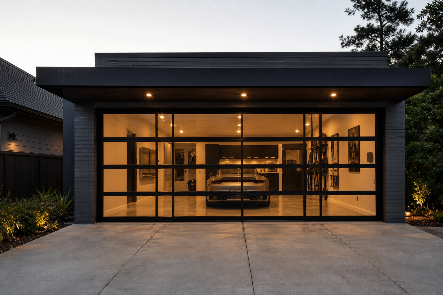Modern home with full-view aluminum-framed glass garage door revealing lit interior and parked car