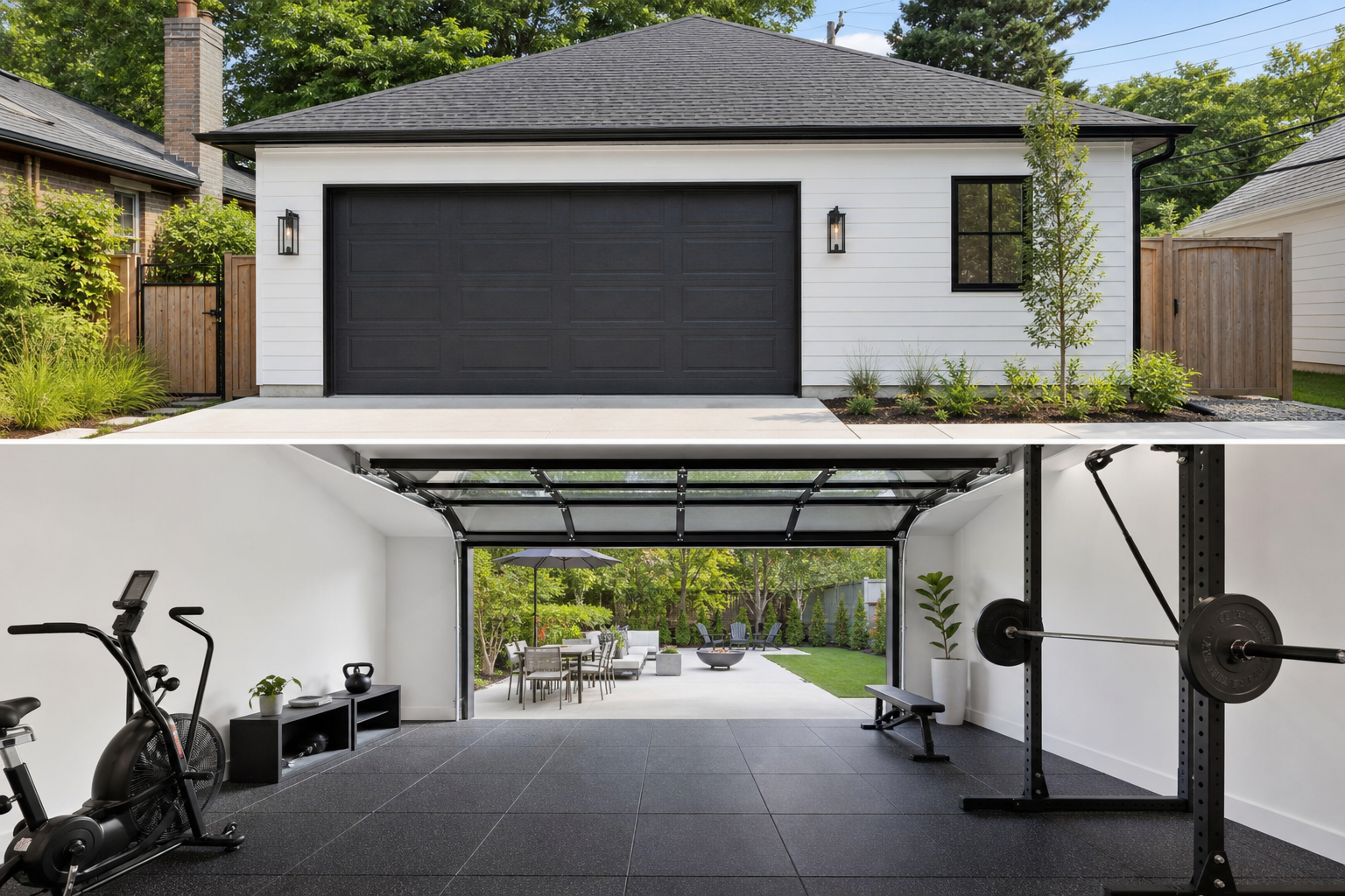 Converted garage gym with open full-view glass door letting natural light in from backyard patio