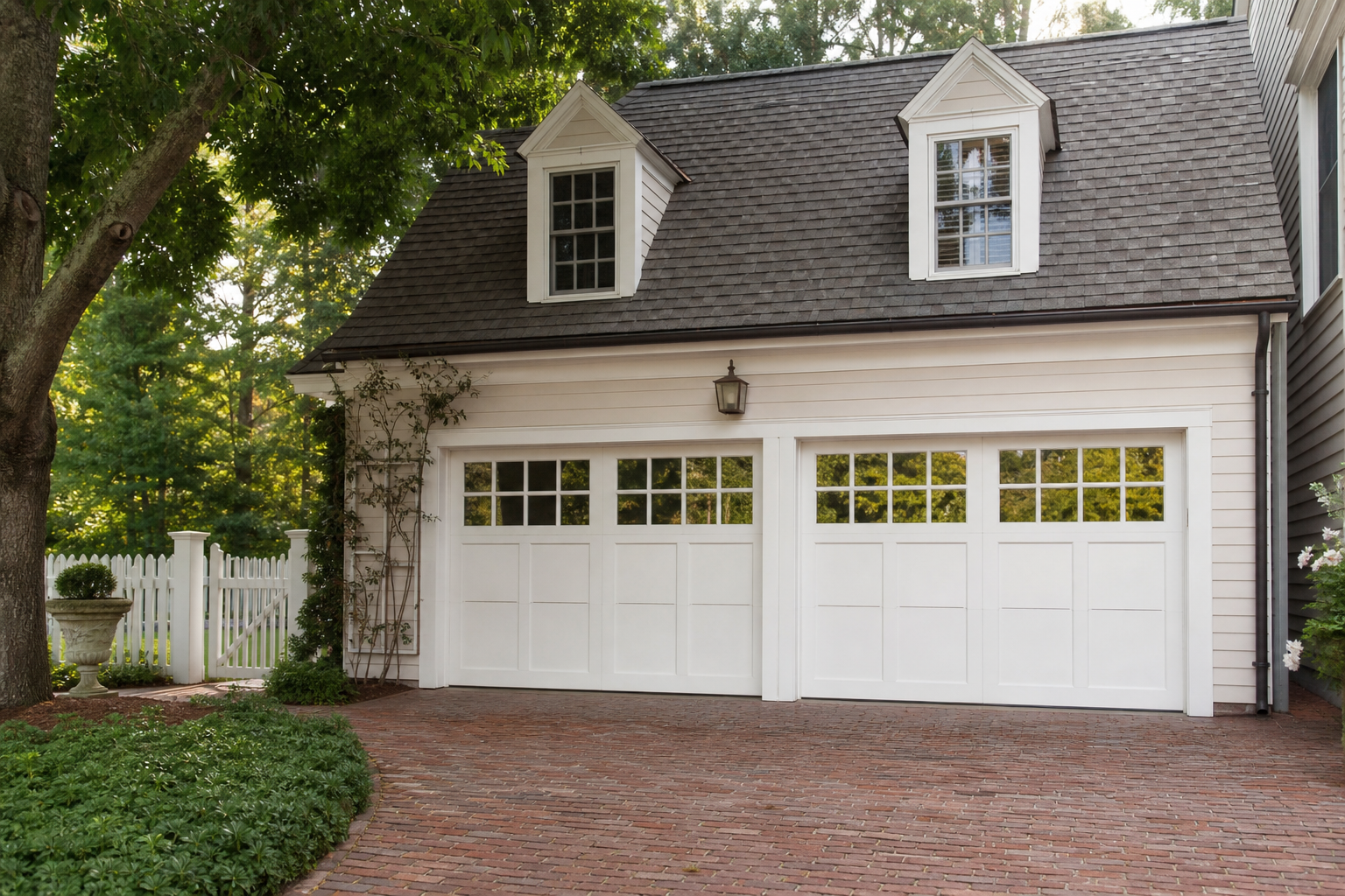 White carriage house garage door with colonial six-pane divided light grille window inserts