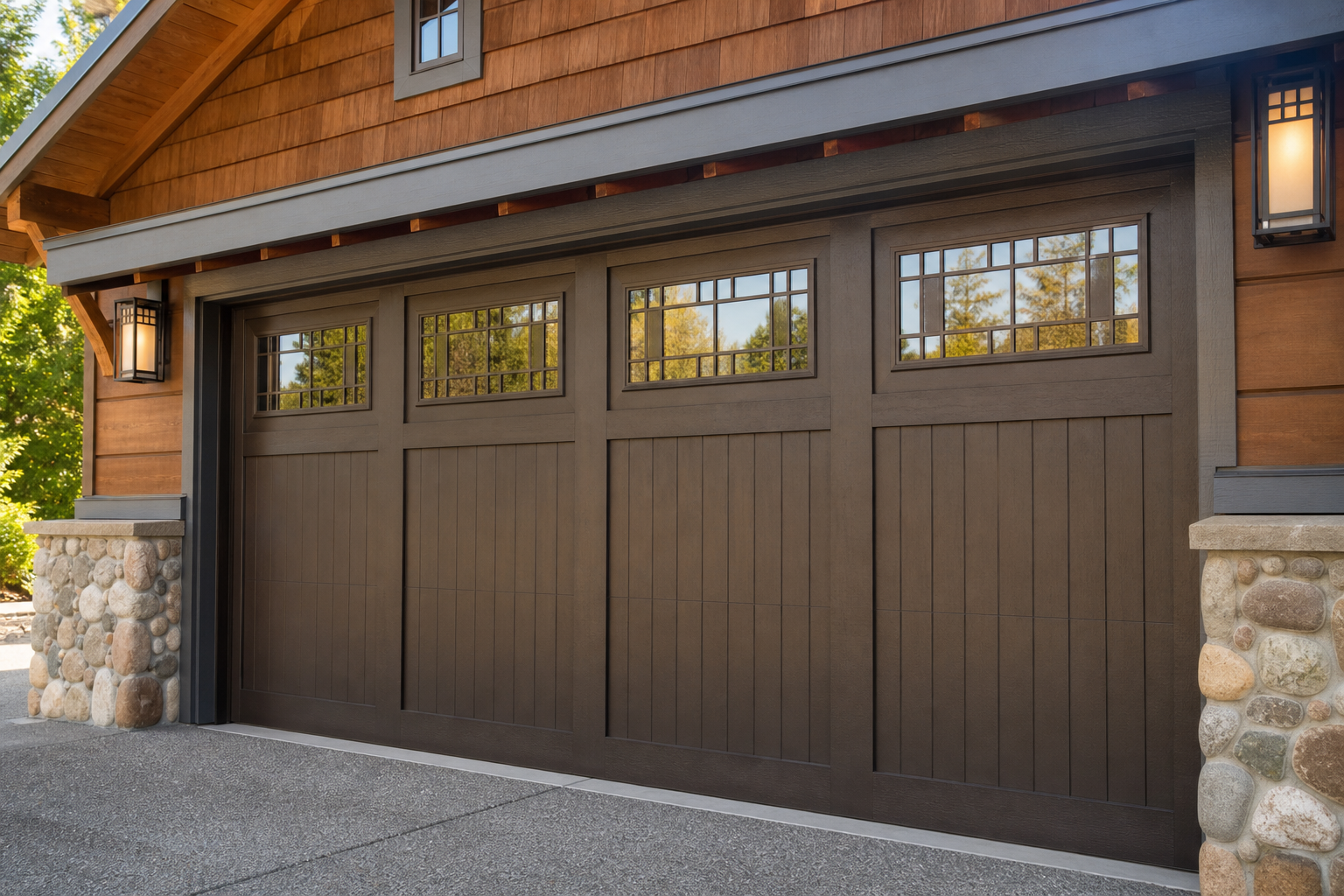Dark brown craftsman garage door with prairie-style grille pattern window inserts