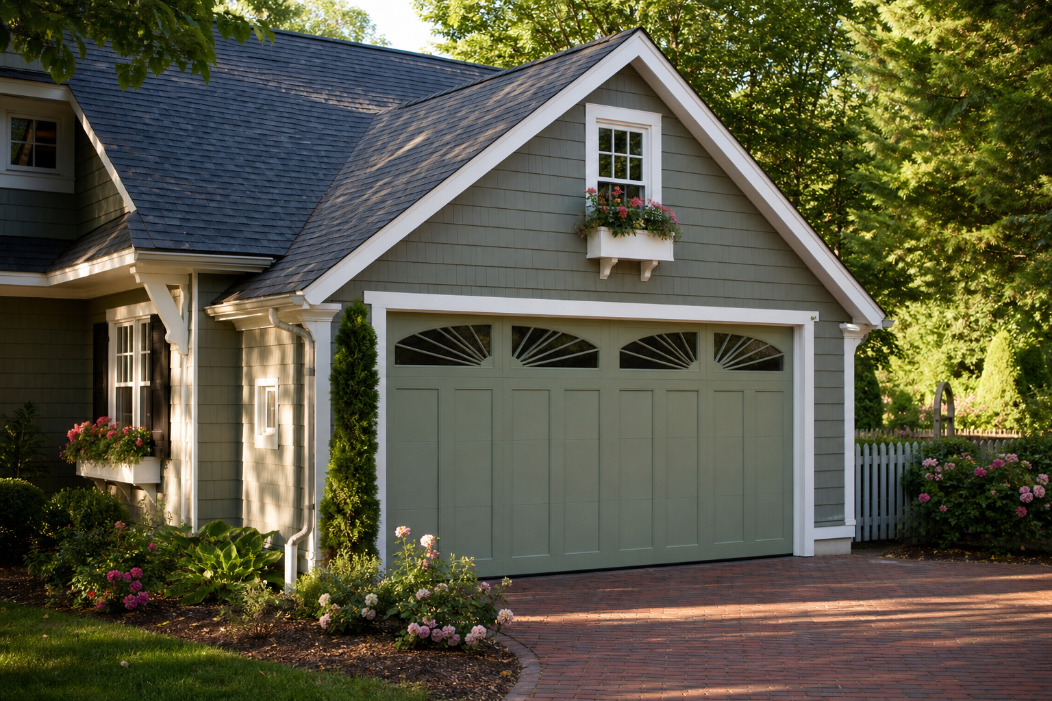 Sage green cottage garage door with decorative sunburst fan grille window inserts
