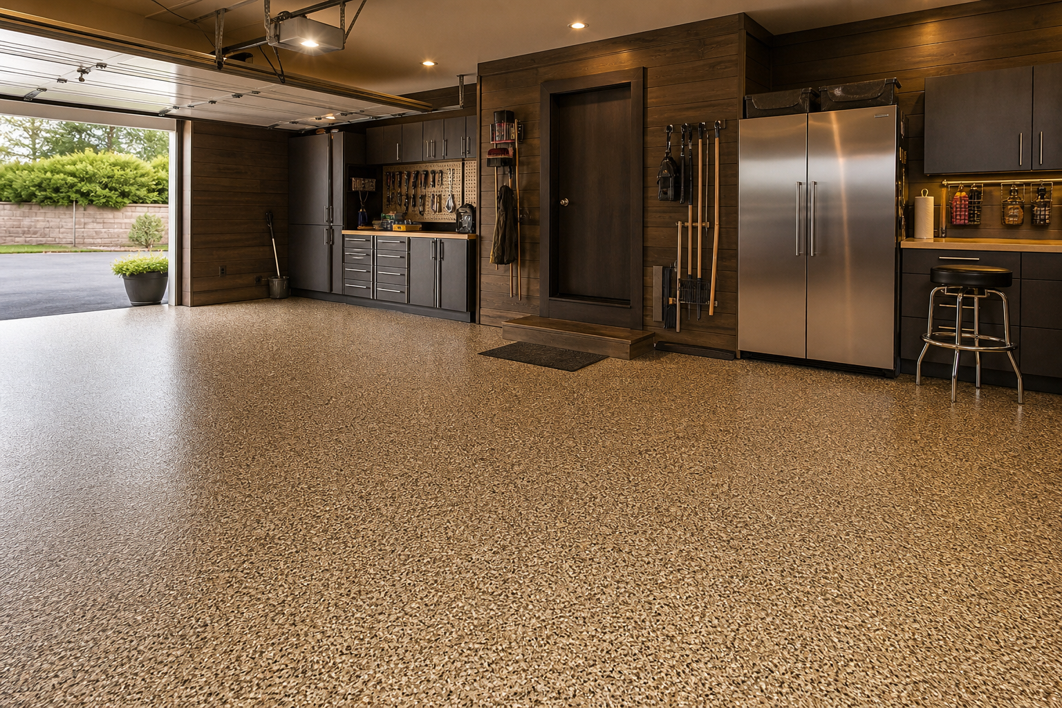 Two-car garage with tan brown and cream vinyl flake epoxy floor with warm earthy color blend