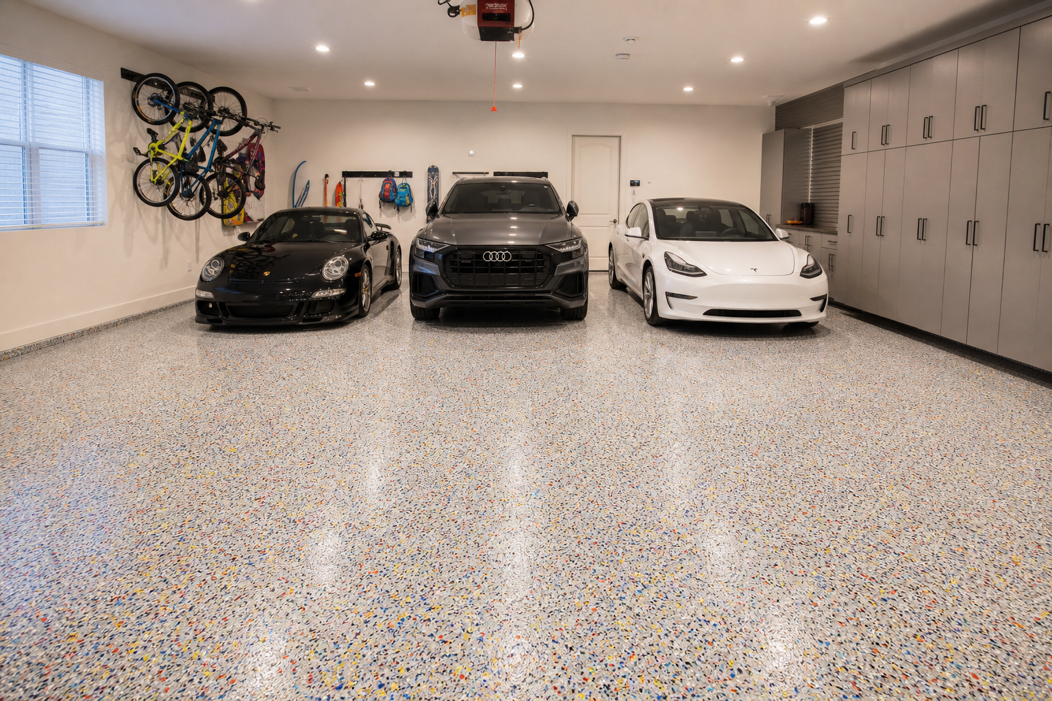 Three-car garage with multicolor confetti vinyl chip epoxy floor in red blue yellow and gray blend