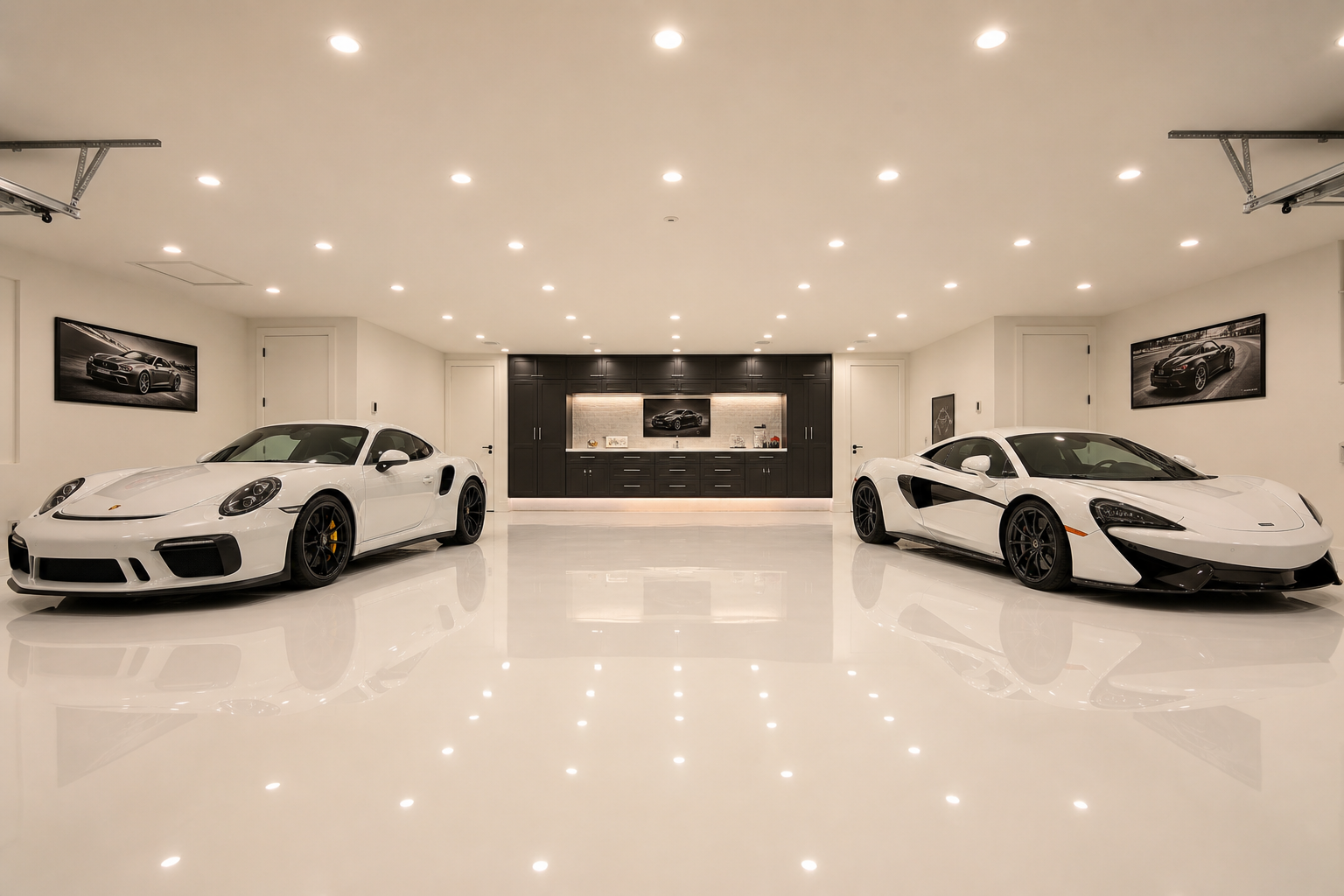 Luxury showroom three-car garage with mirror-gloss white epoxy floor reflecting recessed LED ceiling lights