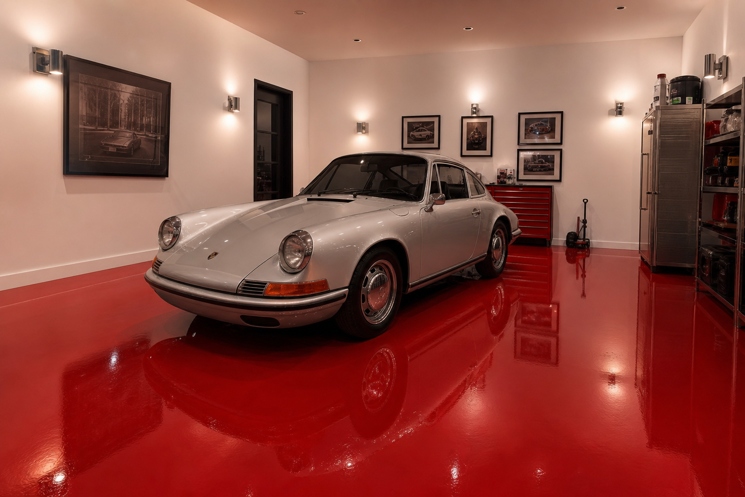 Single-car garage with deep red high-gloss epoxy floor reflecting vintage silver Porsche