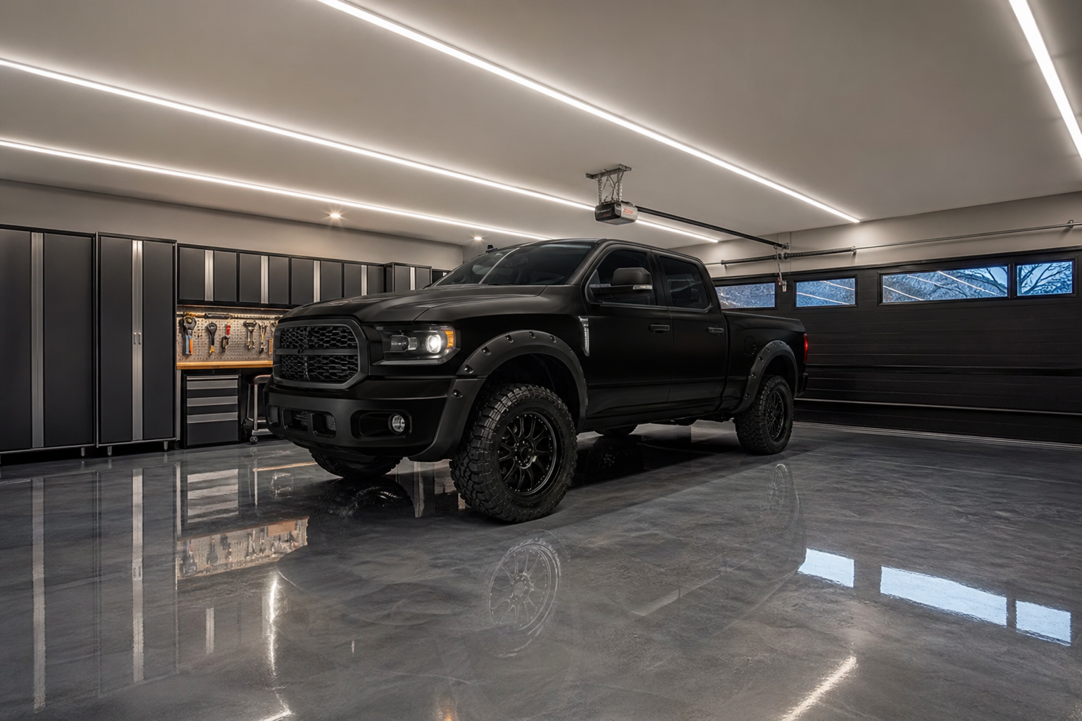 Modern garage with high-gloss battleship gray metallic tint epoxy floor reflecting matte black truck
