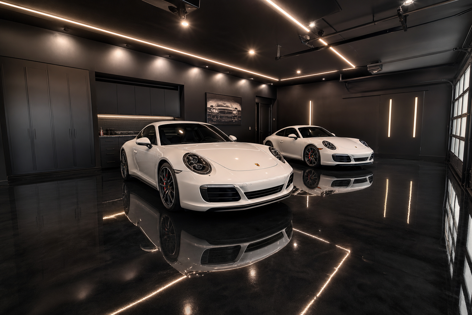 High-gloss black epoxy garage floor with two white sports cars and dramatic LED overhead lighting reflections