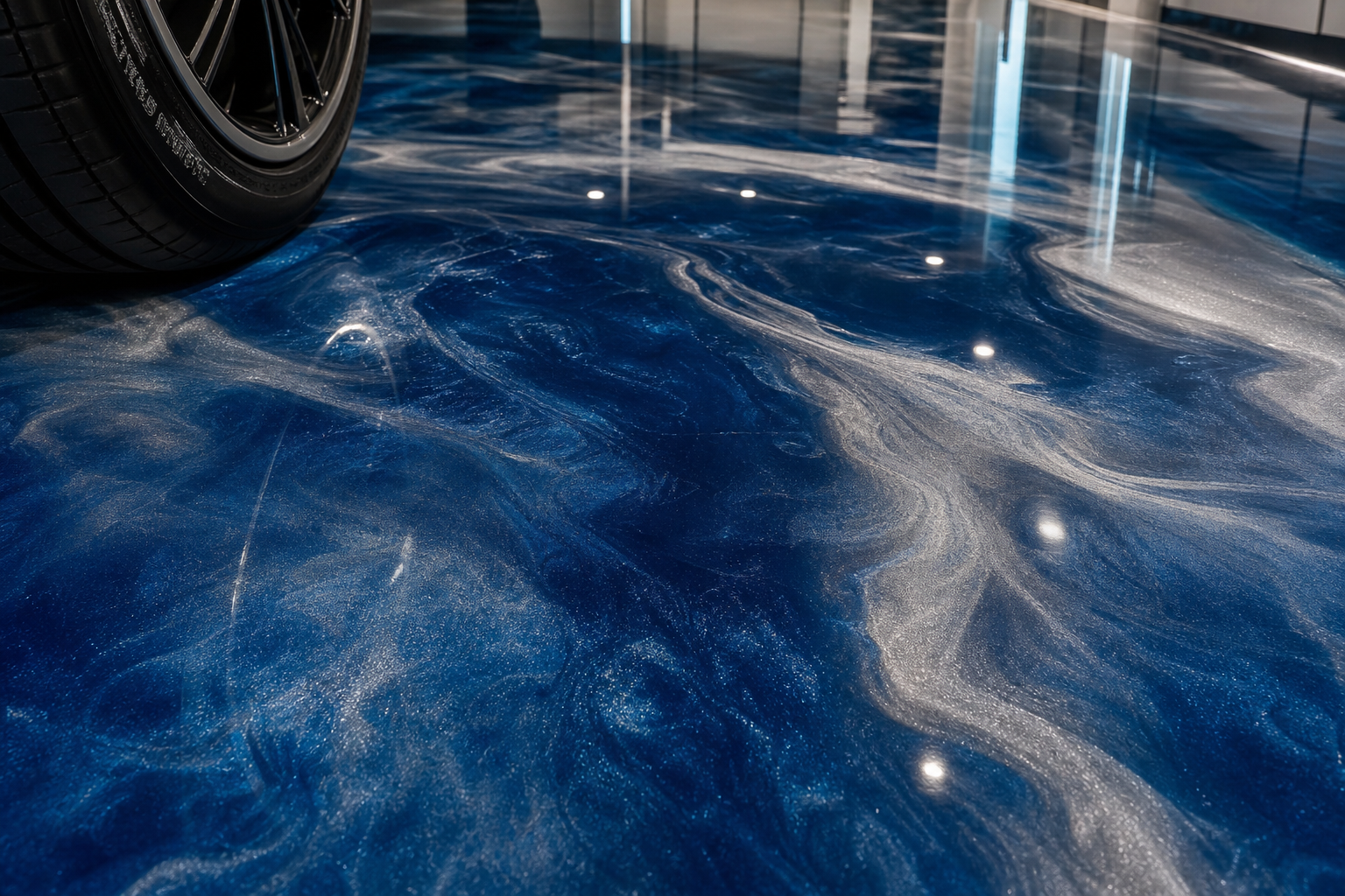 Garage floor with deep ocean blue and silver metallic epoxy finish showing flowing wave patterns