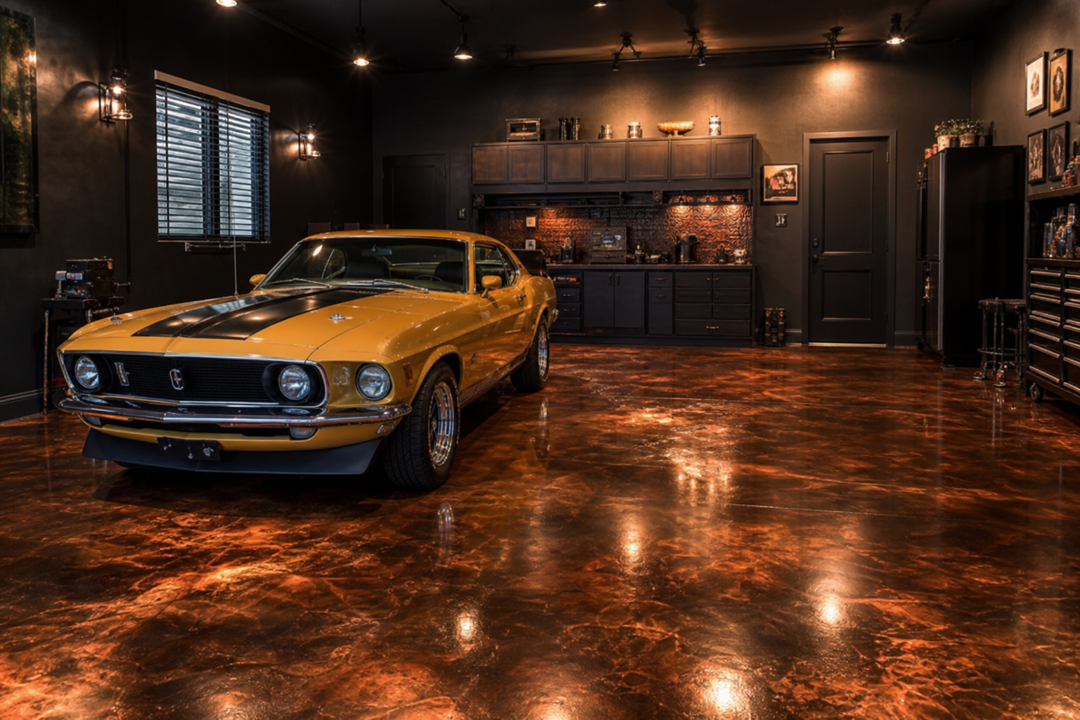 Garage floor with molten bronze and copper metallic epoxy swirl finish under industrial lighting