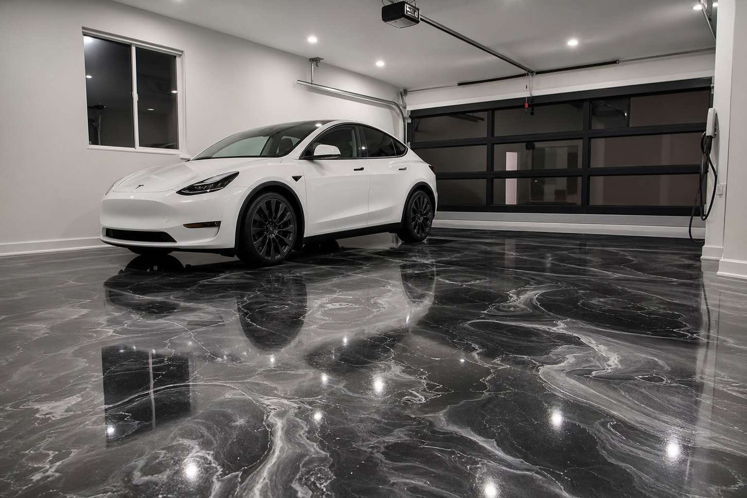 Sleek garage with black and silver metallic epoxy floor and white Tesla parked on glossy surface