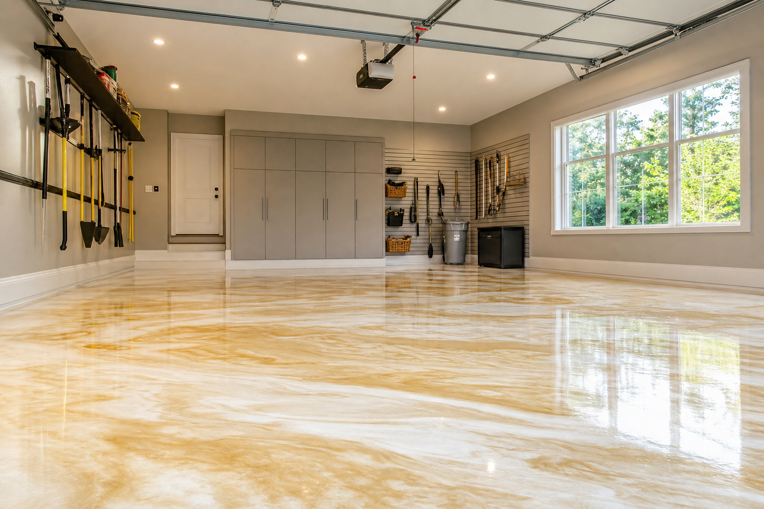 Bright garage with pearl white and champagne gold metallic epoxy floor in high-gloss finish