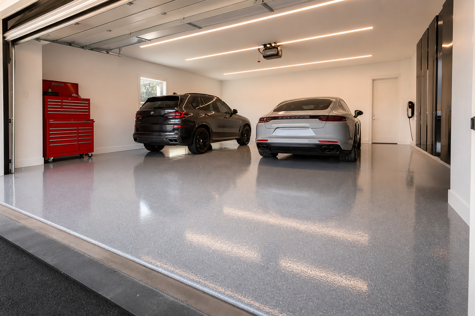 Two-car garage with smooth medium gray solid epoxy floor reflecting LED overhead lighting