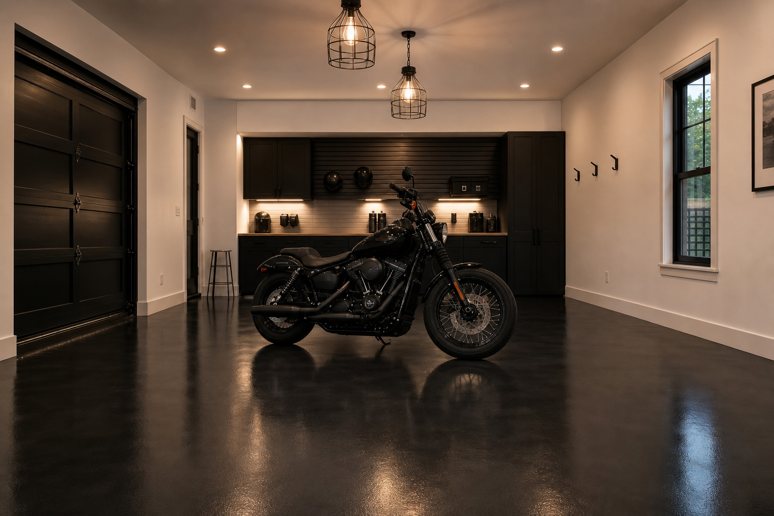 Single-car garage with dark charcoal solid epoxy floor and parked black motorcycle