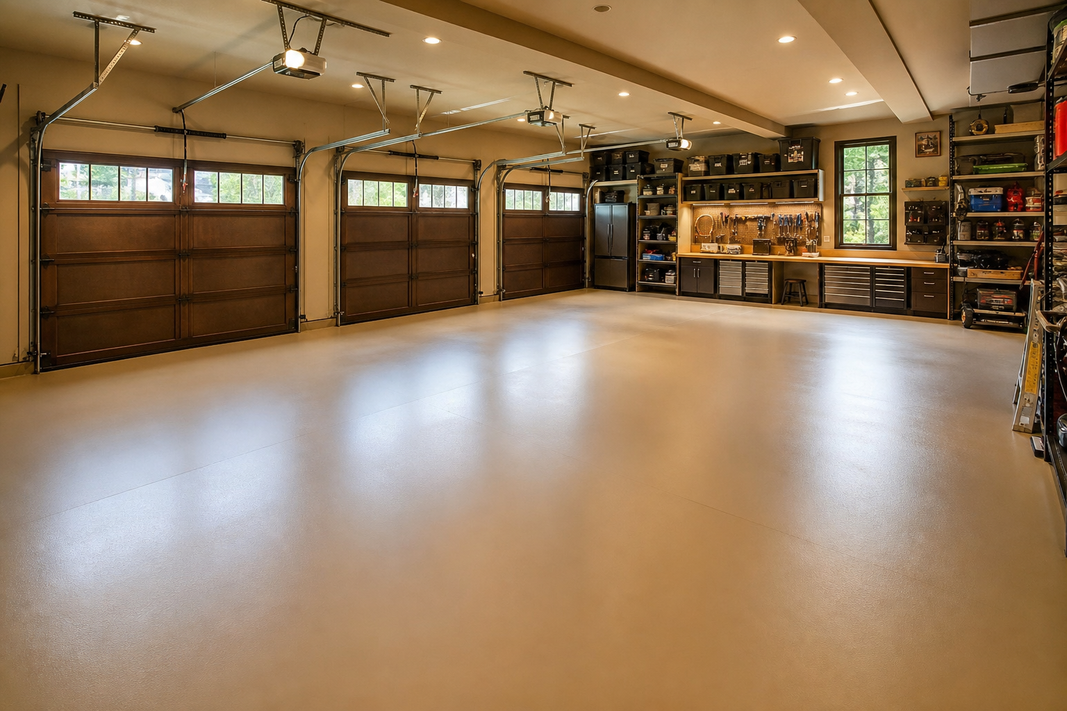 Three-car garage with warm tan solid epoxy floor and wall-mounted storage system