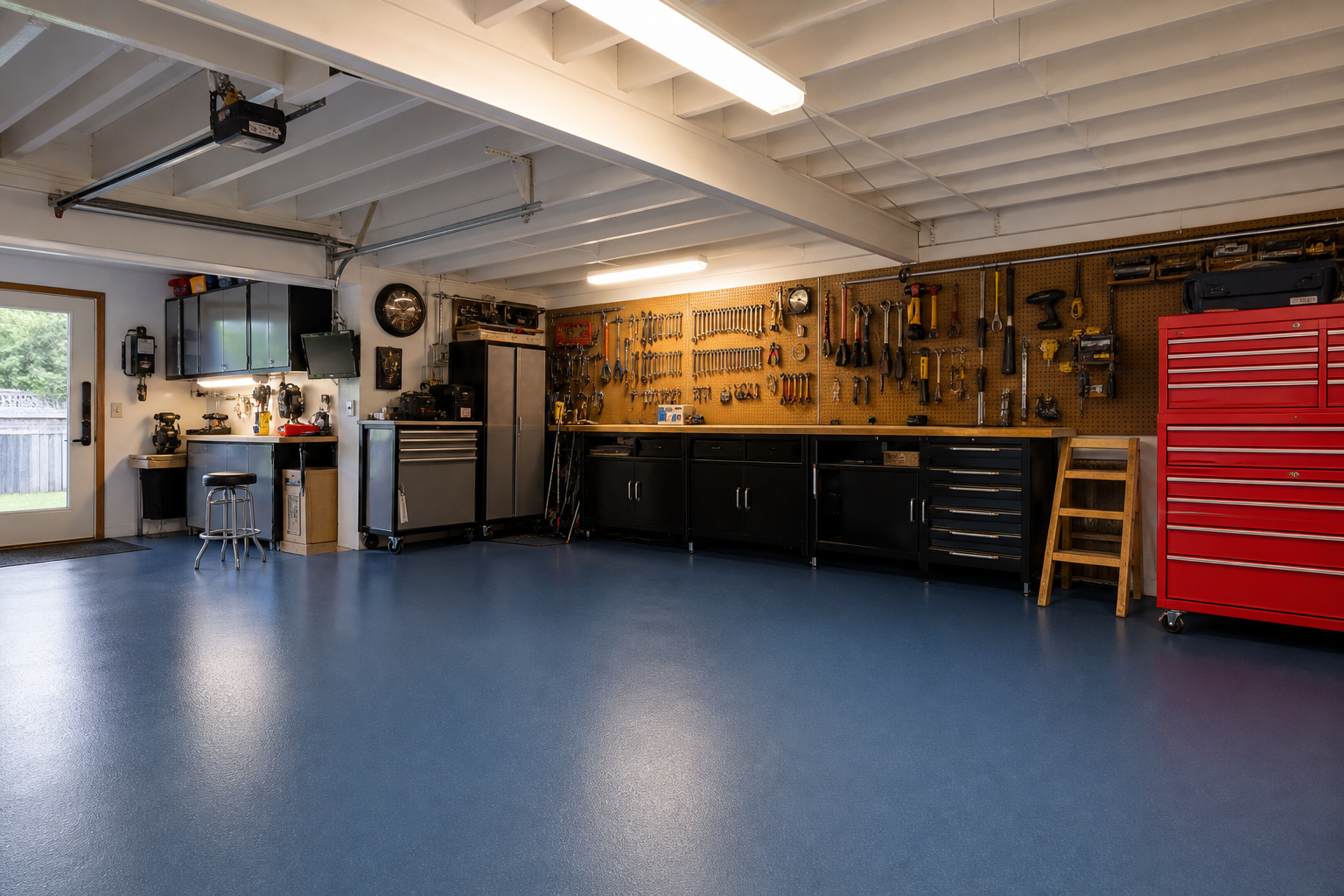 Workshop garage with slate blue solid epoxy floor and red rolling tool chest against pegboard wall