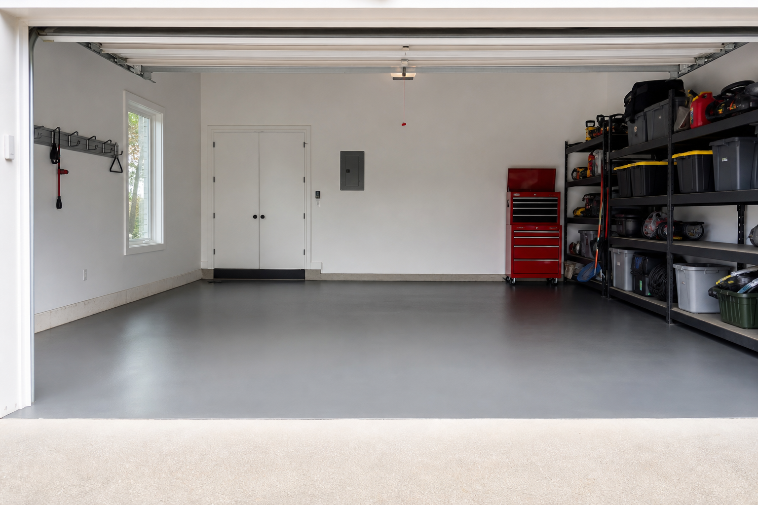 Residential garage with solid medium gray painted concrete floor and white walls