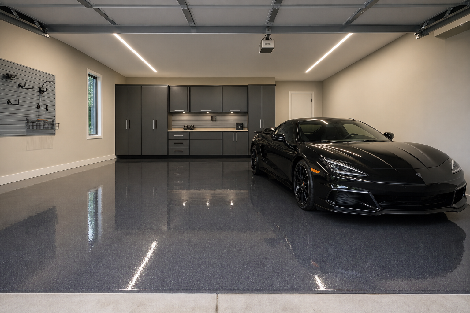Two-car garage with high-gloss charcoal gray epoxy floor coating and parked sports car