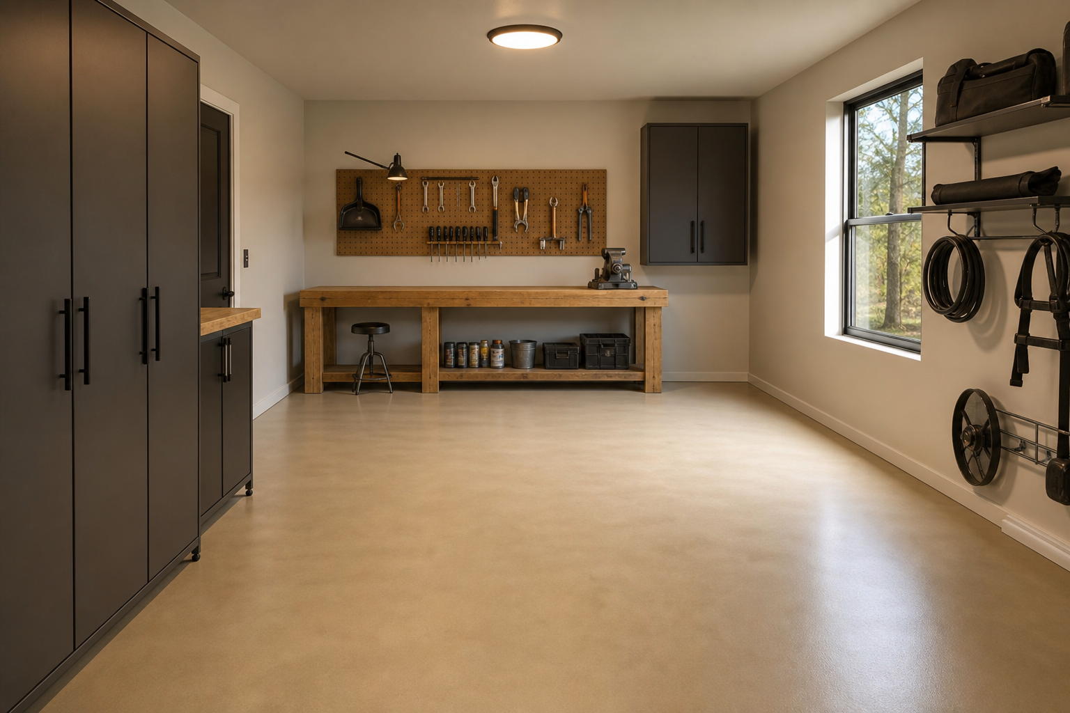 Single-car garage with light tan matte painted concrete floor and wooden workbench