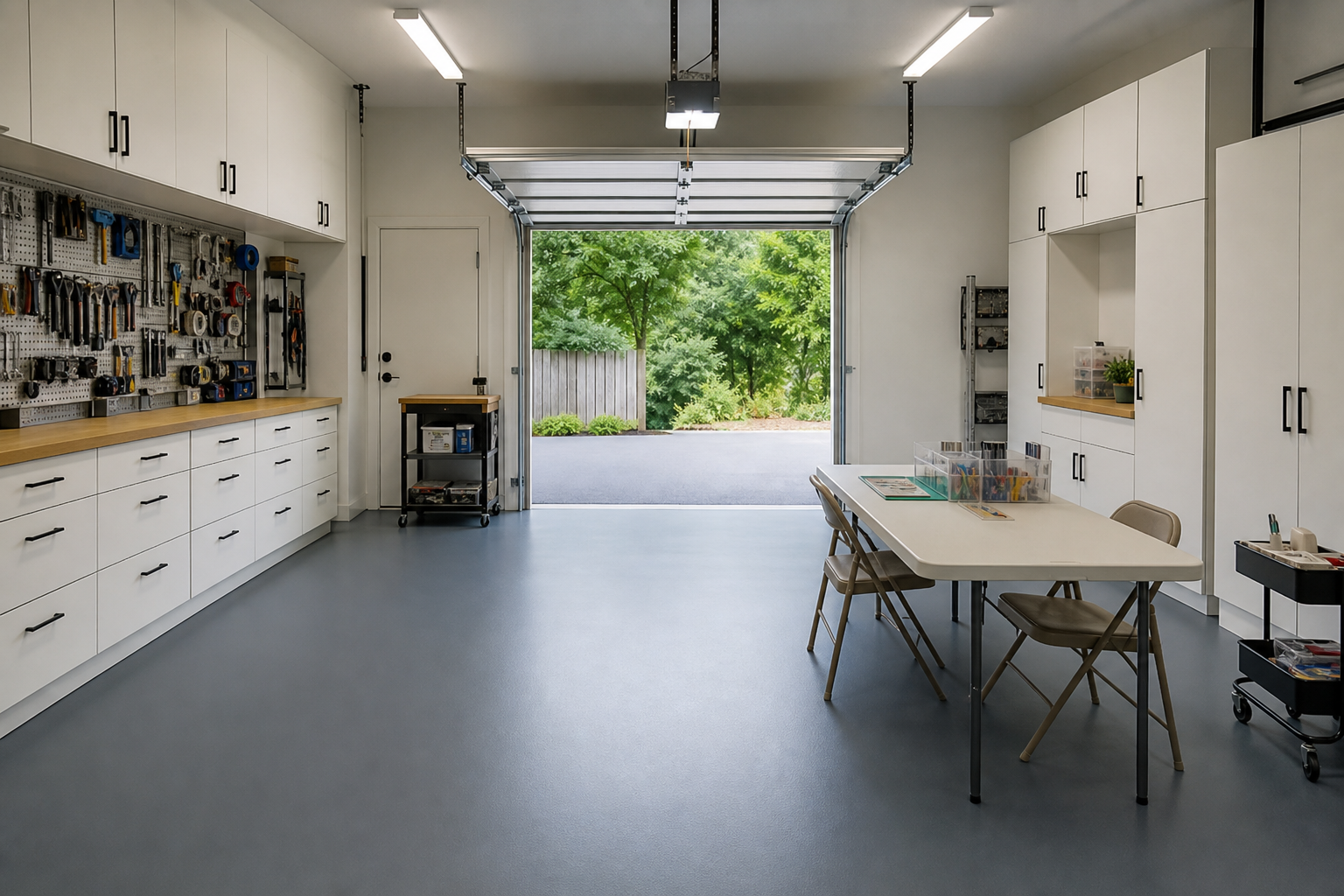 Garage hobby room with solid slate blue-gray painted floor and wall-mounted white cabinets