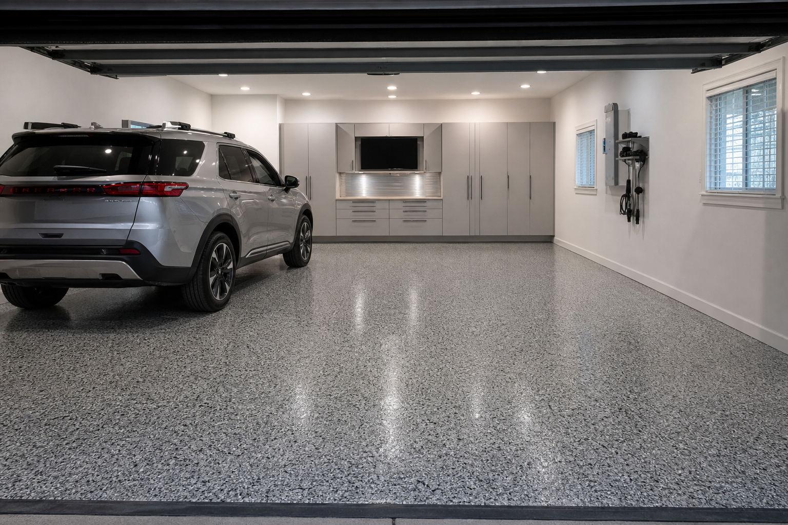 Two-car garage floor with full broadcast gray white and black epoxy flake finish and silver SUV
