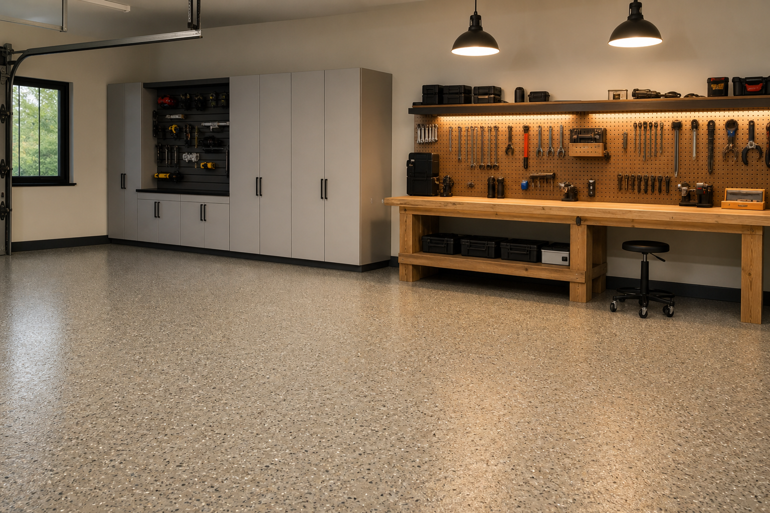 Garage workshop floor with warm beige tan and brown epoxy chip speckled finish and wood workbench