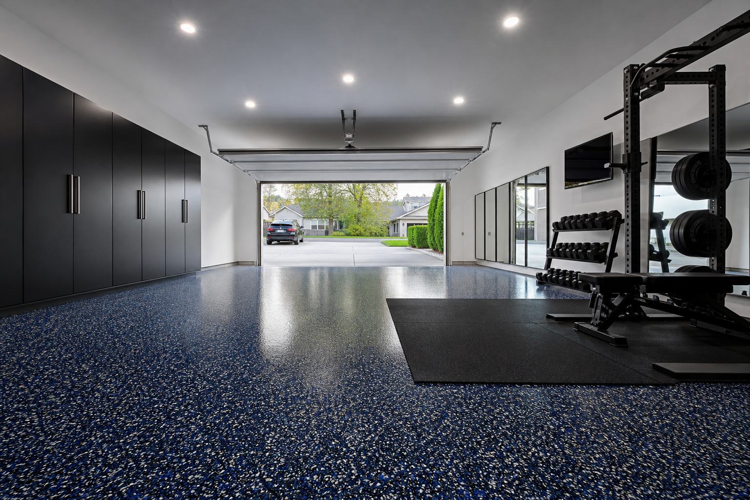 Garage gym with blue silver and white full broadcast epoxy flake floor and weight rack