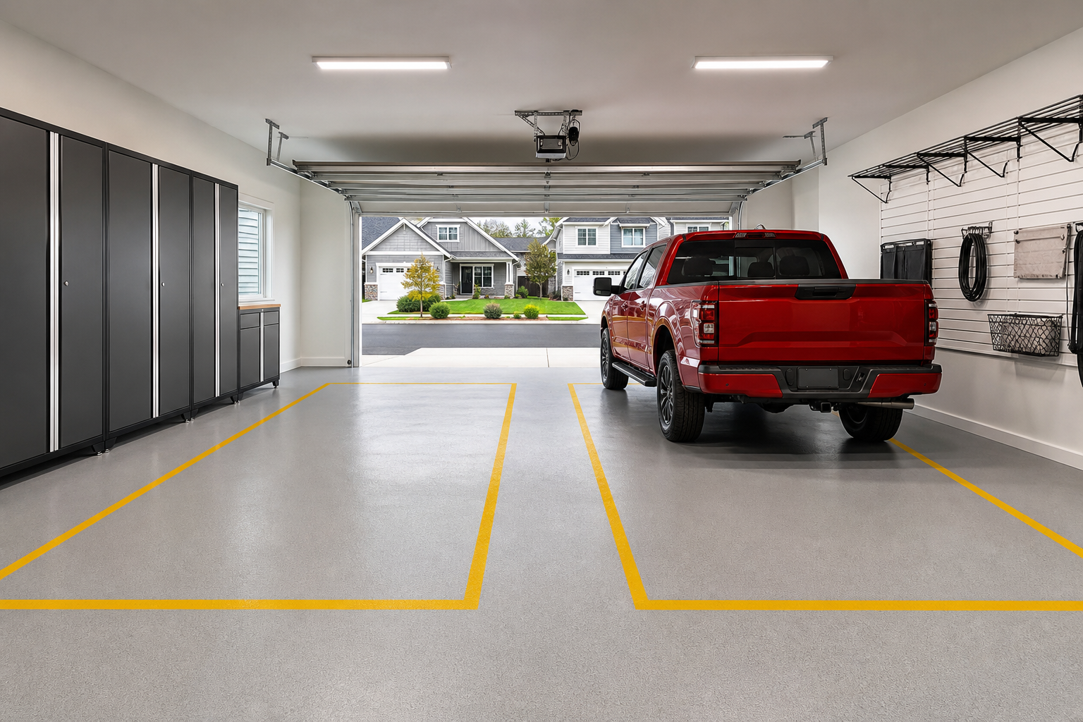 Two-car garage with gray epoxy floor and yellow painted parking zone outlines with red truck