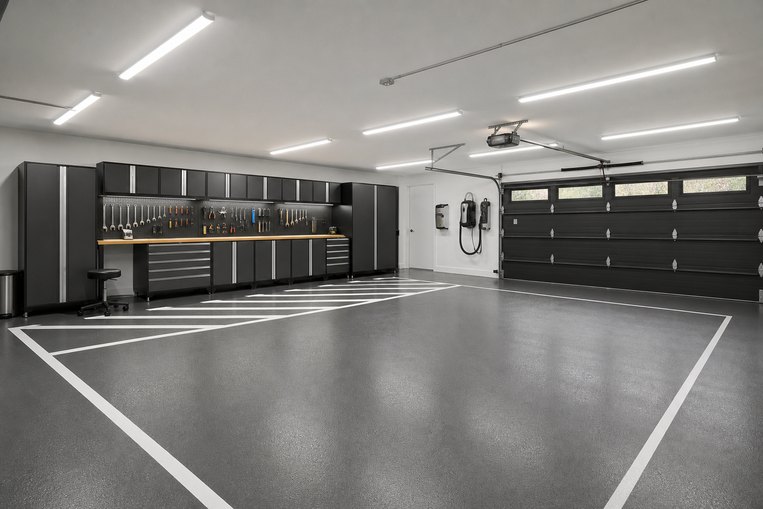 Garage workshop floor with white painted zone lines and diagonal hash marks dividing work and parking areas