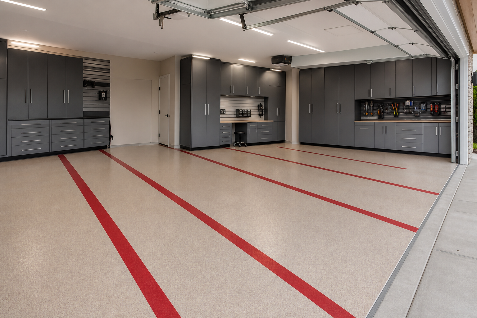 Three-car garage with light beige epoxy floor and bold red longitudinal painted stripes