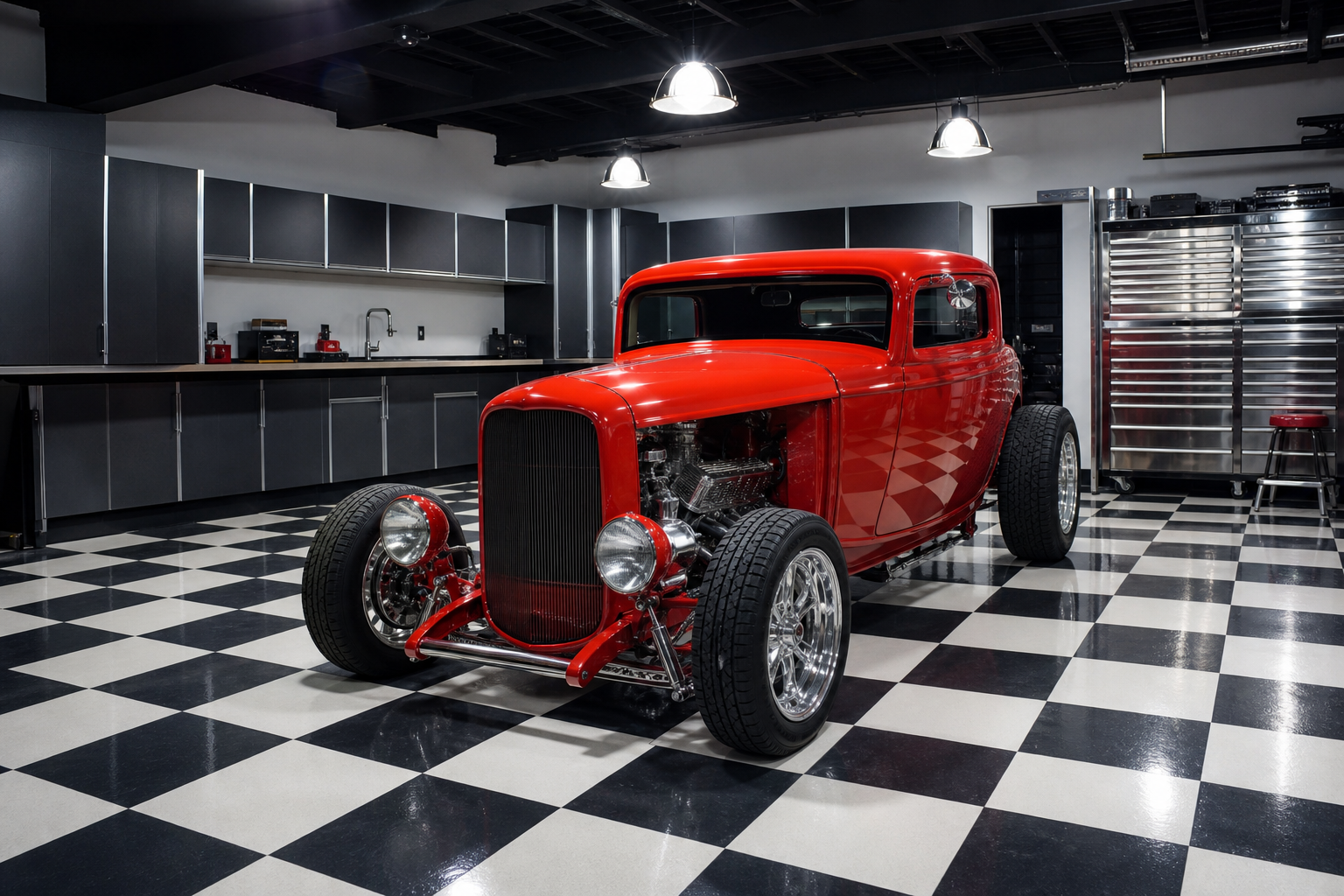 Garage floor with classic black and white checkerboard epoxy pattern and vintage red hot rod
