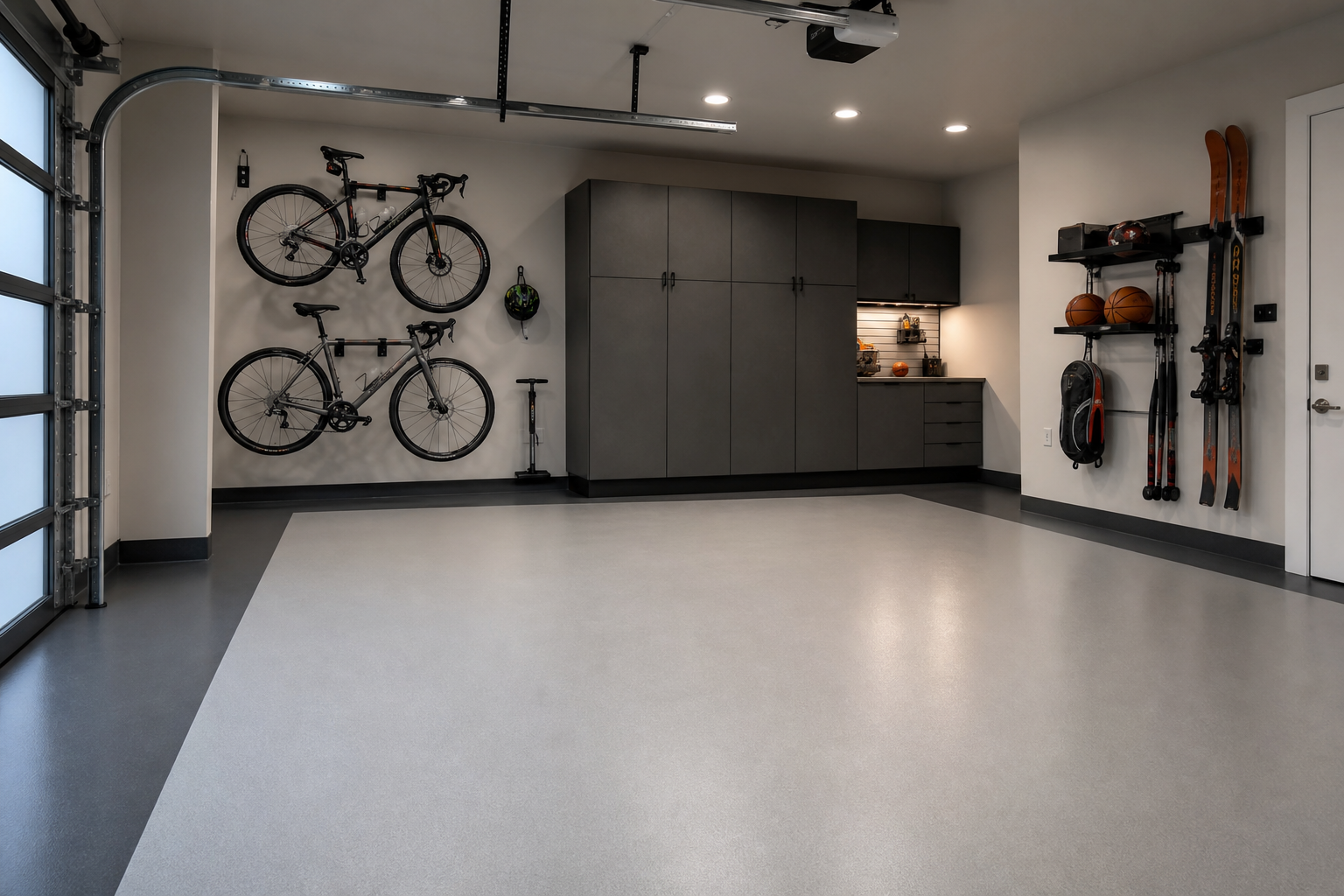 Garage floor with light gray field and charcoal gray painted border perimeter design