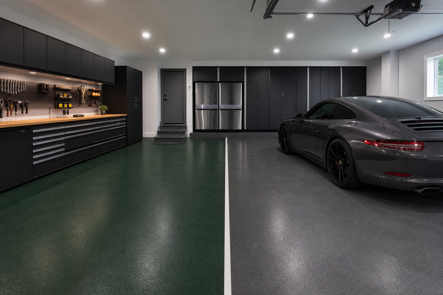 Garage floor split design with hunter green epoxy on one side and dark gray on the other