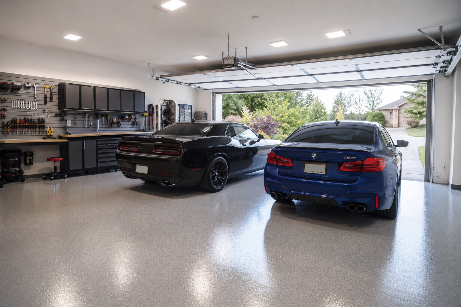 Two-car garage with smooth high-gloss solid gray epoxy floor and overhead LED lighting