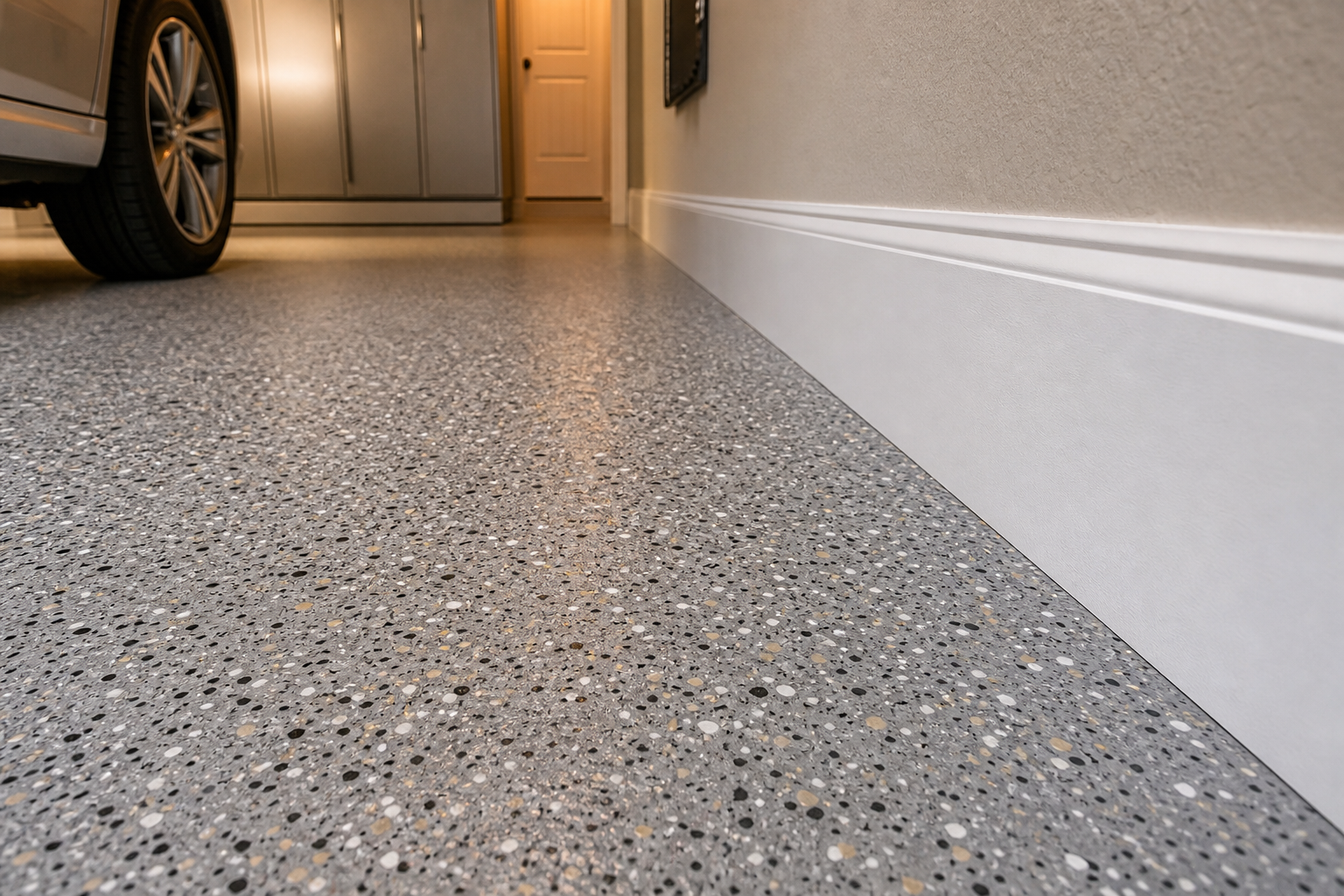 Closeup of multicolor vinyl flake epoxy garage floor with gray base and tan flake blend