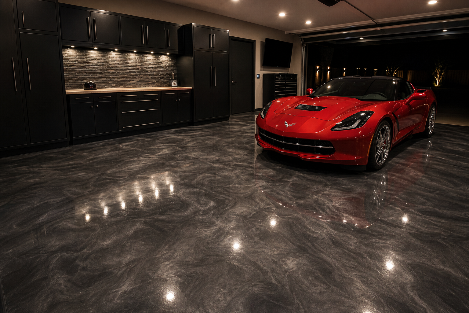 Dark charcoal metallic epoxy garage floor with swirling silver finish reflecting a red sports car