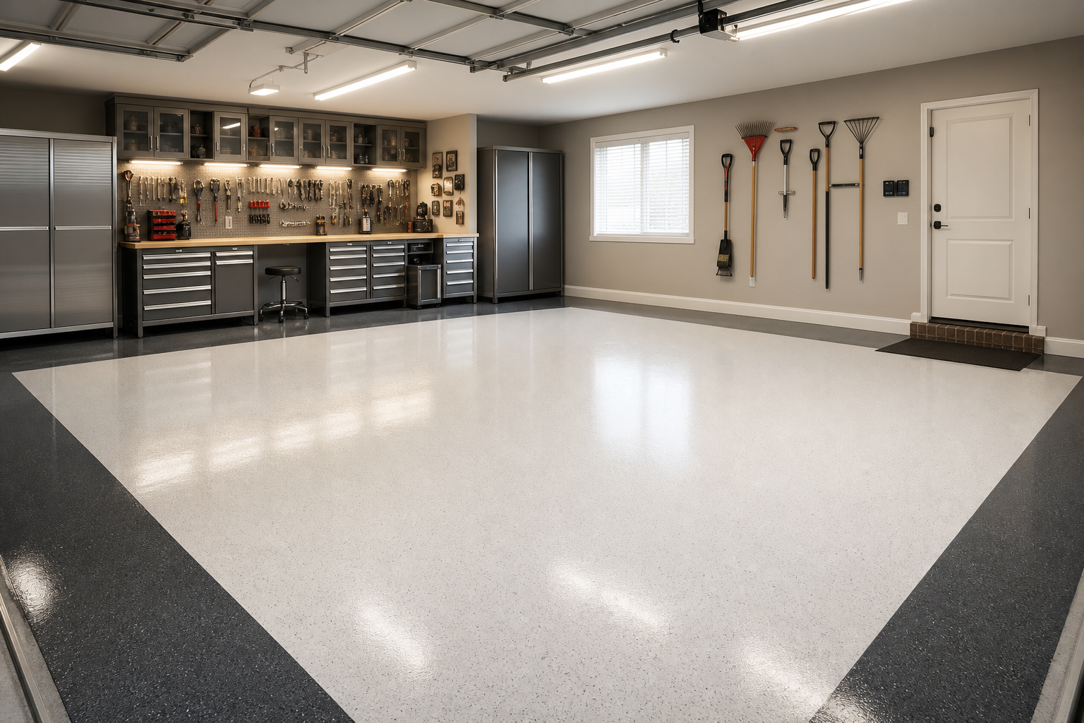 Garage workshop with two-tone epoxy floor in white with charcoal gray border stripe