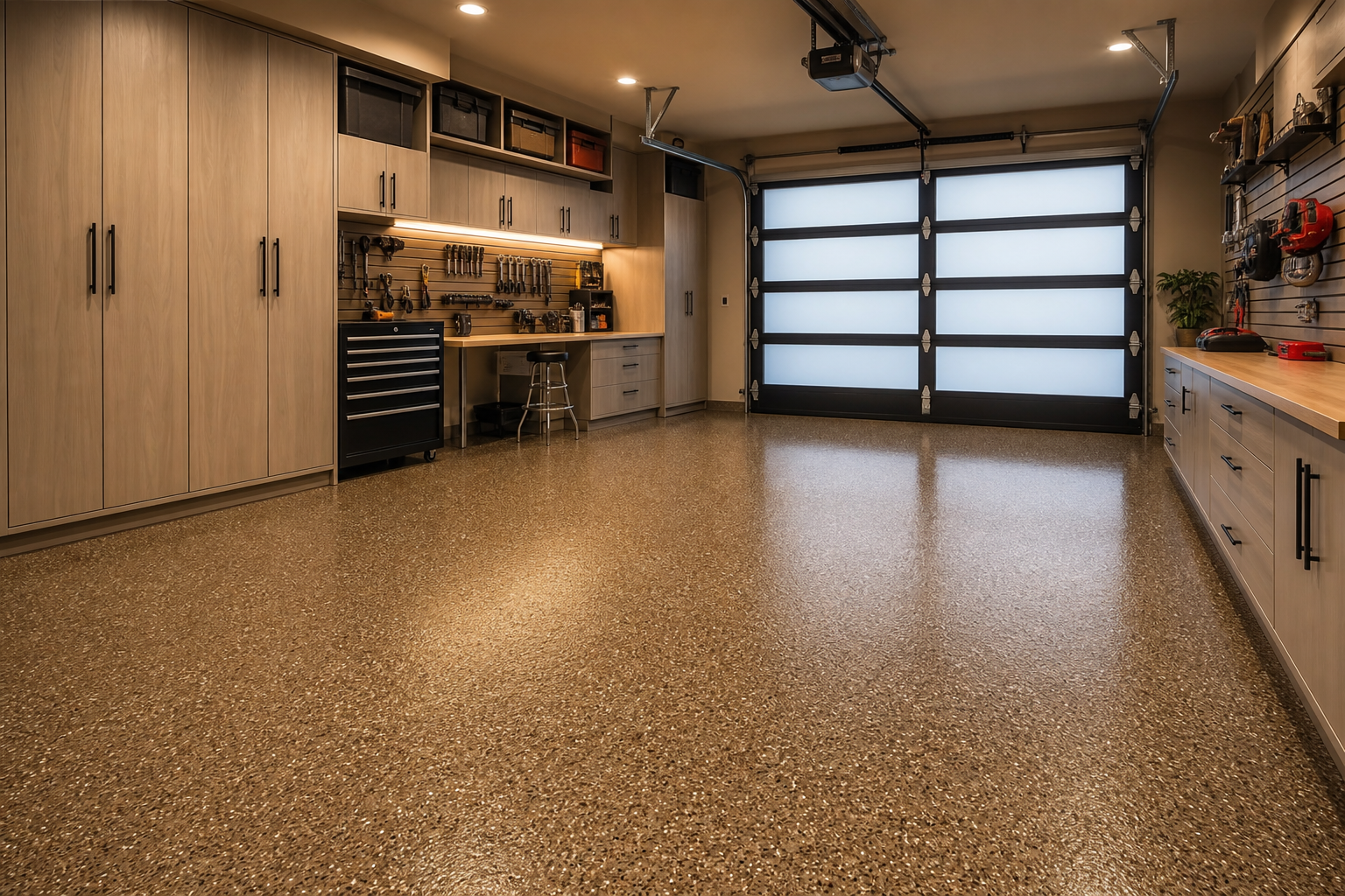 Warm brown epoxy garage floor with tan and cream flake finish under warm LED shop lighting
