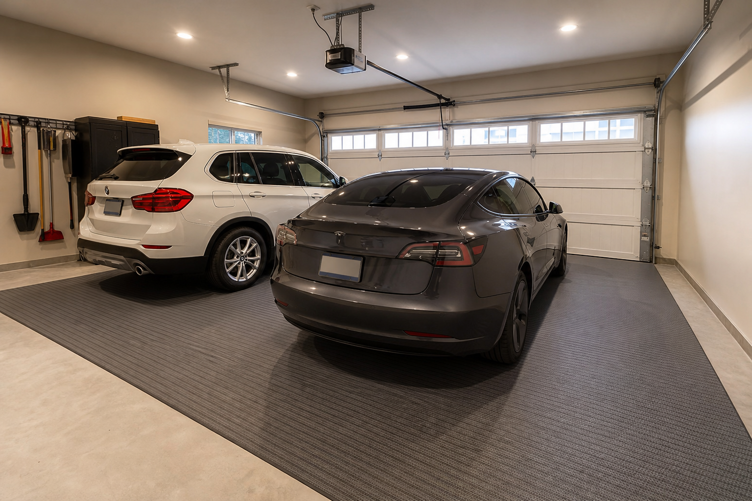Gray vinyl ribbed roll-out mat covering a two-car garage parking area with concrete edges visible