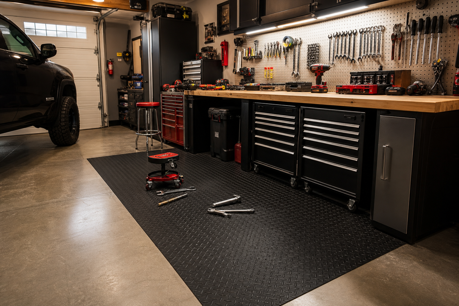 Black rubber diamond-plate roll-out mat under a garage workbench with tool chests and hand tools