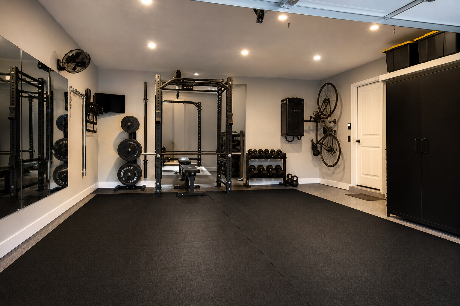 Black rubber roll-out gym mats covering a full garage floor conversion with weight rack and barbell