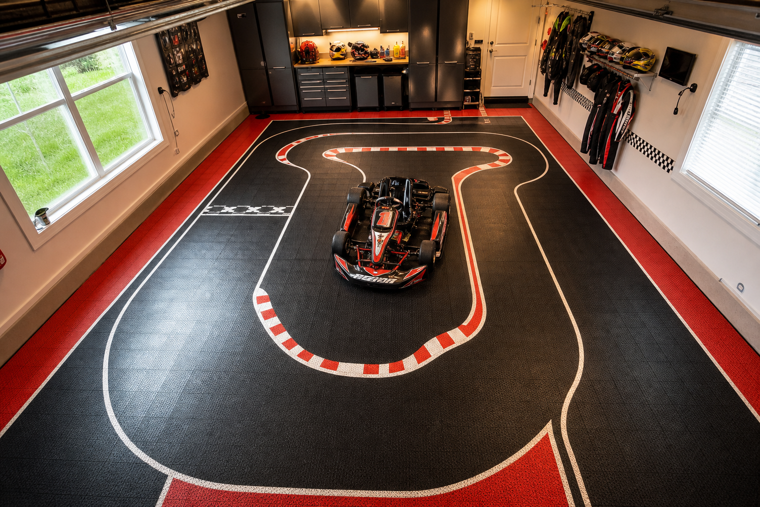 Race track printed vinyl roll-out garage mat in red and black with a go-kart parked on it